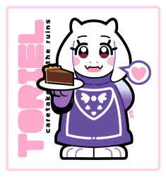 Rule 34 | 1girl, :d, artsy-rc, blush stickers, cake, cake slice, dress, fangs, food, furry, furry female, heart, highres, holding, holding plate, looking at viewer, open mouth, plate, purple dress, skin fangs, smile, solo, spoken heart, standing, toriel, undertale