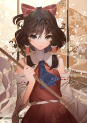 Rule 34 | 1girl, abstract background, ascot, bare shoulders, blue ascot, blurry, bow, breasts, brown eyes, brown hair, closed mouth, daisy, depth of field, detached sleeves, expressionless, flower, frilled hair tubes, frills, gohei, hair between eyes, hair bow, hair tubes, hakurei reimu, heikokuru1224, highres, holding, holding stick, long sleeves, medium breasts, red bow, red skirt, red vest, short hair with long locks, skirt, sleeves past elbows, solo, stick, touhou, vest, white flower, wide sleeves, wily beast and weakest creature
