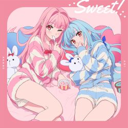 Rule 34 | 2girls, blue hair, blush, commission, food, hair ribbon, heart, highres, holding, holding spoon, holding stuffed toy, ice cream, kotonoha akane, kotonoha aoi, long hair, looking at viewer, lying, moya (toatomoot), multiple girls, on back, one eye closed, pajamas, pink hair, red eyes, ribbon, shorts, siblings, sisters, skeb commission, smile, spoon, striped clothes, striped pajamas, stuffed animal, stuffed rabbit, stuffed toy, thighs, voiceroid