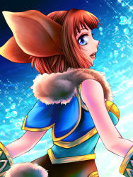 Rule 34 | 1girl, animal ears, blue eyes, breasts, brown hair, chrono cross, commentary request, fur, fur trim, janice, monster girl, short hair, sideboob, solo, tail