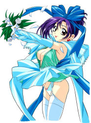 Rule 34 | 1990s (style), 1girl, arms up, blue gloves, bouquet, bow, bow panties, breasts, brown eyes, cowboy shot, earrings, elbow gloves, flower, full body, garter straps, gloves, gotou keiji, hair ribbon, highres, holding, holding bouquet, jewelry, lipstick, long hair, looking at viewer, makeup, medium breasts, original, panties, petals, purple hair, red lips, retro artstyle, ribbon, simple background, smile, solo, thighhighs, underwear, updo, white background, white thighhighs, wind, wind lift
