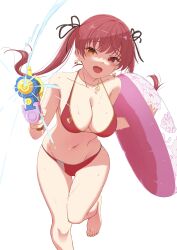 Rule 34 | 1girl, absurdres, anno masato, bikini, breasts, cleavage, collarbone, earrings, hair ribbon, heart, heart earrings, heterochromia, highres, holding, holding swim ring, holding water gun, hololive, houshou marine, houshou marine (summer), innertube, jewelry, large breasts, long hair, looking at viewer, midriff, navel, necklace, open mouth, red bikini, red eyes, red hair, ribbon, simple background, smile, solo, stomach, swim ring, swimsuit, twintails, virtual youtuber, water, water gun, white background, yellow eyes