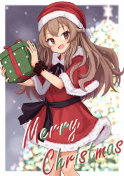 Rule 34 | 1girl, aisaka taiga, blush, box, brown eyes, brown hair, capelet, christmas, commentary request, dress, feet out of frame, fur-trimmed capelet, fur-trimmed dress, fur-trimmed headwear, fur trim, gift, gift box, hat, highres, holding, holding gift, kasago (wnfj2383), long hair, looking at viewer, merry christmas, open mouth, red capelet, red dress, red hat, santa costume, santa hat, scrunchie, short dress, solo, toradora!, wrist scrunchie