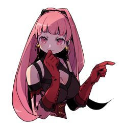 Rule 34 | 1girl, breasts, cleavage, closed mouth, earrings, female focus, fire emblem, fire emblem: three houses, gloves, haconeri, hilda valentine goneril, jewelry, large breasts, long hair, matching hair/eyes, nintendo, pink eyes, pink hair, ponytail, red gloves, simple background, smile, solo, upper body, white background