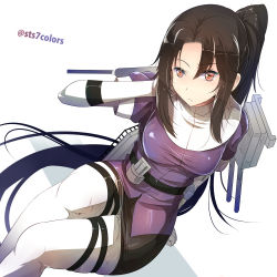 Rule 34 | 10s, 1girl, black hair, black skirt, breasts, brown eyes, elbow gloves, gloves, high ponytail, kantai collection, large breasts, long hair, looking at viewer, machinery, military, military uniform, miniskirt, nachi (kancolle), pantyhose, puffy sleeves, side ponytail, simple background, sitting, skirt, solo, sts, thighhighs, twitter username, uniform, very long hair, white background, white gloves, white pantyhose