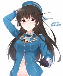 Rule 34 | 1girl, arm up, atago (kancolle) (cosplay), atago (kancolle), beret, black gloves, black hair, breasts, buttons, choukai (kancolle), cosplay, dated, glasses, gloves, hair ornament, hat, headgear, kantai collection, large breasts, long hair, long sleeves, looking at viewer, military, military uniform, navel, open clothes, open mouth, red eyes, rimless eyewear, simple background, solo, twitter username, uniform, white background, yukichi (sukiyaki39)