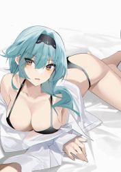 Rule 34 | 1girl, aqua hair, bad id, bad twitter id, black bra, black hairband, black panties, bra, breasts, brown eyes, buri (retty9349), cleavage, eula (genshin impact), genshin impact, hair between eyes, hairband, highres, large breasts, looking at viewer, lying, on stomach, open clothes, open shirt, panties, shirt, sleeves past wrists, solo, underwear, white background, white shirt