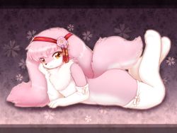 Rule 34 | 1girl, artist request, brown eyes, copyright request, dog, female focus, flower, full body, furry, furry female, gloves, highres, nude, pink hair, plant, smile, solo, thighhighs