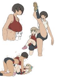 Rule 34 | 2girls, ass, breasts, buruma, dark-skinned female, dark skin, girl on top, gym uniform, height difference, highres, kei (m k), large breasts, looking at breasts, m k, multiple girls, original, rika (m k), short hair, simple background, steam, steaming body, stretching, sweat, tall, tall female, tomboy, track uniform, very sweaty, white background, yuri