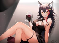 Rule 34 | 1girl, absurdres, alcohol, animal ear fluff, animal ears, bare shoulders, black dress, black gloves, black hair, breasts, cleavage, cleavage cutout, clothing cutout, commission, criss-cross halter, crossed legs, cup, dress, drinking glass, gloves, halterneck, highres, holding, holding cup, hololive, ken-pai (kenpai arts), long hair, medium breasts, multicolored hair, ookami mio, red hair, signature, sitting, sleeveless, sleeveless dress, solo, streaked hair, thigh strap, twitter username, virtual youtuber, wine, wine glass, wolf ears, wolf girl