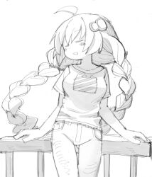 Rule 34 | 1girl, ahoge, alternate costume, arm support, blush stickers, braid, closed eyes, colalk, cowboy shot, denim, fence, hair ornament, highres, jeans, kizuna akari, long hair, monochrome, open mouth, pants, shirt, simple background, sketch, solo, standing, twin braids, vocaloid, voiceroid, white background