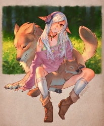 Rule 34 | 1girl, :o, aircraft, airplane, animal, animal hands, bare shoulders, blue hair, boots, brown footwear, circlet, claws, collarbone, day, dress, elf, hair over one eye, head tilt, headphones, jewelry, knee boots, kneehighs, long sleeves, looking at viewer, nail polish, nana nakano, necklace, off-shoulder, off-shoulder sweater, off shoulder, open mouth, original, outside border, outstretched arms, pointy ears, red eyes, sitting, sleeping, sleeves past wrists, socks, solo, sweater, sweater dress, tank top, tsurime, white socks, wolf, yellow eyes