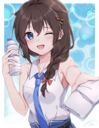 1girl ahoge blue_eyes blue_necktie blush border bottle brown_hair collarbone collared_shirt hair_between_eyes hair_flaps highres holding holding_bottle ice_cream_(aisu_aisu_9898) kantai_collection long_hair necktie official_alternate_costume one_eye_closed open_mouth shigure_(kancolle) shigure_(lawson)_(kancolle) shigure_kai_ni_(kancolle) shirt sleeveless sleeveless_shirt smile solo upper_body water_bottle white_border white_shirt