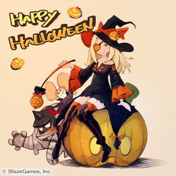 Rule 34 | 1girl, bare shoulders, black dress, black thighhighs, blonde hair, boots, dress, eyepatch, halloween, happy halloween, jack-o&#039;-lantern, little noah, long hair, long sleeves, looking at viewer, mouse (animal), noah (little noah), official art, simple background, sitting, smile, striped clothes, striped thighhighs, thighhighs, vertical-striped clothes, vertical-striped thighhighs, yoshida akihiko, zettai ryouiki