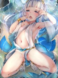 Rule 34 | 1girl, ancient greek clothes, bad id, bad pixiv id, barefoot, blue eyes, blue hair, blue nails, blunt bangs, braid, breasts, convenient censoring, dress, esearu, fins, fish tail, from above, gawr gura, gawr gura (party dress), greco-roman clothes, hair ornament, highres, hololive, hololive english, jewelry, laurel crown, looking at viewer, medium hair, multicolored hair, nail polish, neck ring, nipples, official alternate costume, pelvic curtain, shark girl, shark tail, sidelocks, silver hair, simple background, sleepy, sleeveless, small breasts, smile, solo, streaked hair, tail, thighs, toenail polish, toenails, twintails, virtual youtuber, white dress, wrist cuffs