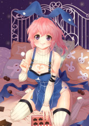 Rule 34 | 1girl, :q,  jing, animal print, apron, bad id, bad pixiv id, bare shoulders, bed, between legs, blue eyes, blush, box, box of chocolates, breasts, candy, chocolate, chocolate bar, chocolate heart, cleavage, cleavage cutout, clothing cutout, detached sleeves, food, food on body, hair ribbon, hairband, hand between legs, heart, highres, ironwork, large breasts, licking lips, looking at viewer, meme attire, mimikaki, necktie, no pants, no shoes, on bed, open-chest sweater, pink hair, ponytail, purple eyes, rabbit print, ranger (warship girls r), ribbed legwear, ribbed sweater, ribbon, sitting, skirt, sleeveless, sleeveless turtleneck, smile, solo, star (symbol), star print, sweater, thighhighs, thighs, tongue, tongue out, turtleneck, wallpaper (object), wariza, warship girls r, whipped cream, white thighhighs