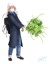 Rule 34 | 1girl, backpack, bag, beanie, blue pants, blue shirt, brown footwear, brown hair, coat, collared shirt, denim, flower request, green eyes, hat, highres, holding, jeans, long hair, long sleeves, looking at viewer, nikaidou kou, one eye closed, open clothes, open coat, open mouth, original, pants, shirt, shoes, signature, simple background, solo, white background, white hat, wing collar