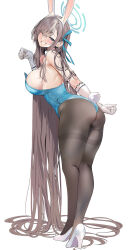 Rule 34 | 1girl, absurdly long hair, animal ears, arm behind back, ass, asuna (blue archive), asuna (bunny) (blue archive), bare shoulders, black pantyhose, blue archive, blue eyes, blue leotard, blue ribbon, blush, breasts, commentary, detached collar, elbow gloves, fake animal ears, fake tail, from behind, full body, gloves, grey hair, grin, hair ornament, hair ribbon, hairband, halo, hand up, high heels, highres, large breasts, legs, leotard, long hair, looking at viewer, looking back, marushin (denwa0214), official alternate costume, one eye closed, pantyhose, parted lips, playboy bunny, rabbit ears, rabbit tail, revision, ribbon, sideboob, simple background, smile, solo, tail, teeth, thighs, very long hair, white background, white footwear, white gloves, white hairband