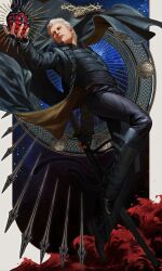 Rule 34 | 1boy, absurdres, black footwear, black jacket, black pants, black suit, boots, devil may cry (series), devil may cry 5, emblem, formal, heart, highres, holding, holding polearm, holding weapon, jacket, maozhu, pants, polearm, space, suit, vergil (devil may cry), weapon, white hair