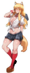 Rule 34 | 1girl, absurdres, animal ear fluff, animal ears, black skirt, blonde hair, blush, bracelet, breasts, closed mouth, covered erect nipples, fate/extra, fate/extra ccc, fate/extra ccc fox tail, fate (series), fox ears, fox tail, front-tie top, gggg, groin, heart, heart necklace, highres, jewelry, large breasts, long hair, looking at viewer, navel, necklace, plaid, plaid skirt, red socks, school uniform, shirt, short sleeves, skirt, smile, socks, solo, stomach, suzuka gozen (fate), tail, tied shirt, white shirt, yellow eyes