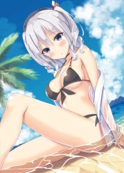 Rule 34 | 10s, 1girl, beach, beret, bikini, black bikini, breasts, cloud, cloudy sky, collarbone, day, grey eyes, hat, hatsu (first snow), kantai collection, kashima (kancolle), large breasts, ocean, outdoors, partially submerged, short hair, silver hair, sky, solo, swimsuit, two side up