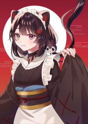 Rule 34 | 1girl, animal ears, apron, black hair, black kimono, brown eyes, closed mouth, dog ears, dog hair ornament, egasumi, floating hair, flower, hair flower, hair ornament, heterochromia, highres, inui toko, japanese clothes, kimono, long hair, long sleeves, looking at viewer, low twintails, maid, maid headdress, nijisanji, obi, pinching sleeves, red background, red eyes, red flower, sash, sleeves past wrists, smile, solo, tsumetsume zerii, twintails, two-tone background, very long hair, virtual youtuber, wa maid, white apron, white background, wide sleeves