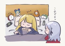 Rule 34 | 2girls, ahoge, alarm clock, analog clock, assault lily, bare shoulders, bed, black ribbon, blanket, blonde hair, camisole, chibi, clock, closed eyes, commentary request, digital clock, frilled pillow, frills, grey camisole, grey hair, hair ribbon, hand on own hip, highres, kabayaki (kabayaki eel), kanba girls high school uniform, kon kanaho, long hair, looking at another, lying, miyagawa takane, multiple girls, on back, on bed, parted lips, pillow, profile, ribbon, school uniform, simple background, sleeping, solid oval eyes, spaghetti strap, standing, timestamp, translation request, under covers, v-shaped eyebrows, white background, zzz