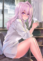 Rule 34 | 1girl, bare legs, blush, cloud, cloudy sky, collared shirt, commentary request, cu-no, cup, day, dress shirt, drinking glass, hair between eyes, hands up, hisen kaede, holding, holding cup, indoors, long hair, long sleeves, looking at viewer, looking to the side, naked shirt, nose blush, parted lips, pink hair, purple eyes, rain, shirt, unworn shirt, single hair intake, sitting, sky, sleeves pushed up, solo, two-handed, white shirt, window, yayoi sakura