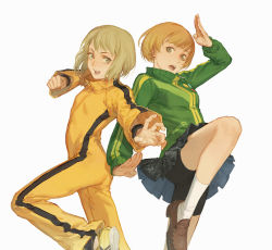 Rule 34 | 2girls, absurdres, ass, bike shorts, black shorts, black skirt, breasts, brown footwear, brown hair, clenched hand, creamyghost, dragon kid, fighting stance, green eyes, green hair, green jacket, grey background, hand up, highres, jacket, jumpsuit, loafers, long sleeves, looking at viewer, multiple girls, open mouth, persona, persona 4, satonaka chie, shoes, short hair, shorts, simple background, skirt, small breasts, sneakers, socks, standing, standing on one leg, tiger &amp; bunny, trait connection, upskirt, white legwear, yellow footwear, yellow jumpsuit