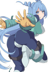 Rule 34 | 1girl, ass, blue eyes, blue hair, blush, bodysuit, boku no hero academia, boots, breasts, cameltoe, drill hair, foot up, from behind, gloves, hadou nejire, hair rings, large breasts, light blue hair, long hair, looking at viewer, looking back, shiseki hirame, simple background, skin tight, smile, solo, twin drills, very long hair, white background, white gloves