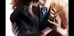 Rule 34 | 2boys, absurdres, bandaged hand, bandaged neck, bandages, baocaizi, black gloves, brooch, brown coat, brown hair, bungou stray dogs, coat, collared shirt, dazai osamu (bungou stray dogs), formal, gloves, highres, holding hands, jewelry, multiple boys, nakahara chuuya, parted lips, shirt, suit, upper body, white background