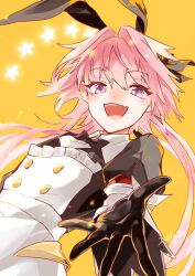 Rule 34 | 1boy, absurdres, animal ears, astolfo (fate), astolfo (saber) (fate), astolfo (saber) (third ascension) (fate), black bow, black bowtie, black gloves, black thighhighs, bow, bowtie, dated, fake animal ears, fang, fate/grand order, fate (series), gloves, hair bow, hair intakes, highres, light particles, long hair, low twintails, male focus, multicolored hair, open mouth, outstretched hand, pink hair, purple eyes, rabbit ears, ru to bi, signature, simple background, skin fang, smile, solo, star (symbol), streaked hair, thighhighs, trap, twintails, very long hair, white hair, wing collar, yellow background