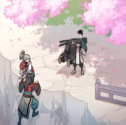 Rule 34 | ..., 1other, 3boys, archer (fate/samurai remnant), black hair, braid, carrying over shoulder, cherry blossoms, chinese clothes, cliff, facepalm, fate/samurai remnant, fate (series), fence, grey hair, hair ornament, holding hands, japanese clothes, keclpshvli, miyamoto iori (fate), multiple boys, ponytail, yamato takeru (fate), sandals, scabbard, shadow, sheath, sparkle, tassel, tassel hair ornament, zheng chenggong (fate)