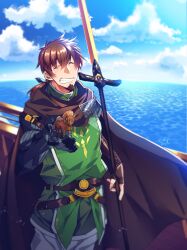 1boy belt black_cape blue_ribbon cape closed_eyes cloud facial_hair facing_viewer fate/grand_order fate_(series) fingerless_gloves gloves goatee green_tabard green_tunic grin hair_between_eyes hector_(fate) highres holding holding_pole light_particles looking_at_viewer male_focus ocean outdoors pants pole ponytail prosthesis prosthetic_arm ribbon se_eternite smile solo tabard trojan_horse tunic white_pants