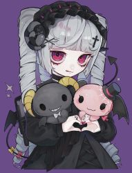 Rule 34 | 1girl, :q, berry (sanrio), black dress, black hairband, blunt bangs, cherry (sanrio), commentary, creature, curled horns, demon girl, demon tail, dress, drill hair, english commentary, frilled dress, frilled hairband, frills, gothic lolita, grey hair, hairband, heart, heart hands, highres, horns, licking lips, lloromannic, lolita fashion, lolita hairband, long hair, long sleeves, looking at viewer, nail polish, onegai my melody, personification, quad drills, quad tails, red-framed eyewear, red nails, sanrio, sheep horns, tail, tira 27, tongue, tongue out, very long hair