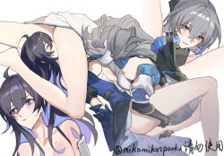 Rule 34 | 2girls, 69, absurdres, ahoge, bare legs, bare shoulders, black gloves, black headwear, blush, bronya rand, closed eyes, collarbone, commentary, couple, cunnilingus, earrings, embarrassed, english commentary, furrowed brow, girl on top, gloves, grey hair, hair between eyes, happy sex, highres, holding legs, honkai: star rail, honkai (series), jewelry, long hair, lying, mie xing, multiple girls, open clothes, oral, parted lips, seele (honkai: star rail), shy, smile, twitter username, white background, yuri