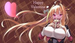 Rule 34 | 1girl, absurdres, ahoge, black hairband, black jacket, blonde hair, blush, bow, box, box of chocolates, braid, breasts, commentary request, covered mouth, diagonal-striped bow, dragon girl, dragon horns, embarrassed, floating hair, gift, hairband, happy valentine, heart, highres, holding, holding gift, hololive, horn bow, horn ornament, horns, jacket, kiryu coco, kiryu coco (1st costume), large breasts, long hair, looking at viewer, multicolored eyes, multicolored hair, orange hair, patterned background, pointy ears, purple eyes, red eyes, shirt, side braid, sidelocks, single braid, slit pupils, solo, sora shitatoge, streaked hair, striped, striped bow, upper body, valentine, very long hair, virtual youtuber, white shirt
