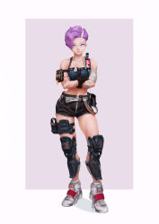 1girl, absurdres, airpods, arm pouch, asymmetrical hair, bandage, bandaged arm, bandages, bandeau, belt, belt pouch, black shorts, border, breasts, cable, crossed arms, cutoffs, dog tags, eyebrow piercing, full body, garam jeong (malgam), gloves, greaves, highres, holster, knee pads, lips, loose socks, medium breasts, midriff, mole, mole under eye, nose, original, outside border, piercing, pouch, purple eyes, purple hair, recharging, shoes, short hair, shorts, single glove, sneakers, solo, standing, thigh holster, undercut, white belt, white border, white footwear, white legwear, wireless earphones, zipper