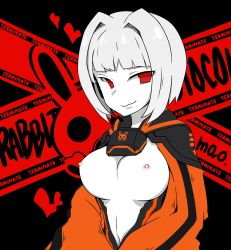 Rule 34 | 1girl, black background, black bodysuit, bodysuit, breasts, closed mouth, colored skin, commentary, highres, lobotomy corporation, looking at viewer, myo (project moon), navel, nipples, open clothes, project moon, red eyes, short hair, solo, touyakakasi, upper body, wavy mouth, white hair, white skin