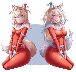 Rule 34 | 2girls, alternate costume, animal ears, artist request, belt, blonde hair, blue eyes, bodysuit, breasts, chain, collar, fang, feet out of frame, fuwawa abyssgard, highres, hololive, hololive english, kneeling, large breasts, long hair, medium breasts, mococo abyssgard, multiple girls, one eye closed, open mouth, pink eyes, short hair, sitting, smile, spiked collar, spikes, tail, thighs, virtual youtuber, white background