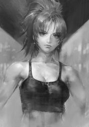 Rule 34 | 1girl, bare arms, bare shoulders, breasts, collarbone, earrings, greyscale, highres, jewelry, leona heidern, monochrome, nao3art, ponytail, portrait, serious, snk, soldier, solo, tank top, the king of fighters, the king of fighters xiii