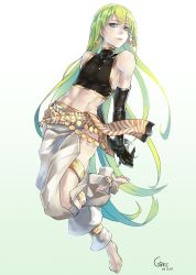 Rule 34 | androgynous, arabian clothes, bare shoulders, barefoot, dated, earrings, enkidu (fate), fate/grand order, fate/strange fake, fate (series), feet, gender request, gradient background, green background, green eyes, green hair, highres, jewelry, jikeshi, long hair, navel, simple background, solo, white background
