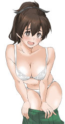 Rule 34 | 1girl, black ribbon, blush, bra, breasts, bright pupils, brown eyes, brown hair, cleavage, clothes pull, commentary, elf (stroll in the woods), embarrassed, frown, girls und panzer, green skirt, hair ribbon, highres, koyama yuzu, looking at viewer, medium breasts, medium hair, navel, no shirt, open mouth, panties, pleated skirt, pulling own clothes, ribbon, short ponytail, simple background, skindentation, skirt, skirt pull, solo, standing, sweat, textless version, underwear, undressing, white background, white bra, white panties, white pupils
