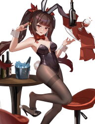 Rule 34 | 1girl, absurdres, alcohol, black hair, bottle, cup, drinking glass, feet, highres, honkai: star rail, honkai (series), ice, ice cube, leotard, light blush, long hair, looking at viewer, pantyhose, parted lips, playboy bunny, red eyes, rongqing, shoes, sparkle (honkai: star rail), toes, tray, twintails, unworn shoes, wine, wine bottle, wine glass