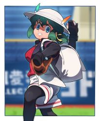 Rule 34 | 1girl, aged up, arm up, backpack, bag, ball, baseball, baseball glove, black border, black jacket, black pantyhose, blouse, blue eyes, blurry, blurry background, border, commentary, day, depth of field, from side, frown, green hair, grimace, hair ribbon, hat feather, helmet, highres, holding, holding ball, jacket, kaban (kemono friends), kemono friends, kemono friends 2, layered sleeves, pantyhose under shorts, long sleeves, looking at viewer, medium hair, nishiki kazue, outdoors, outside border, pantyhose, pith helmet, red shirt, ribbon, shirt, short over long sleeves, short ponytail, short sleeves, shorts, solo, standing, throwing, white headwear, white shorts, yellow ribbon