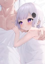Rule 34 | 1boy, 1girl, :o, absurdres, arm around shoulder, bed sheet, bite mark, collarbone, commentary request, ear piercing, earrings, grey hair, hair ornament, hand up, head out of frame, highres, jewelry, naked sheet, original, parted lips, piercing, purple eyes, tsukiman, under covers