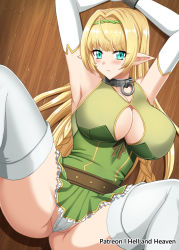 Rule 34 | 1girl, armpits, arms up, belt, blonde hair, blue eyes, blush, bound, bound arms, breasts, cleavage, cleavage cutout, clothing cutout, elbow gloves, elf, eyes visible through hair, gloves, hellandheaven, highres, isekai maou to shoukan shoujo no dorei majutsu, large breasts, long hair, panties, pointy ears, shera l. greenwood, solo, spread legs, thighhighs, underwear