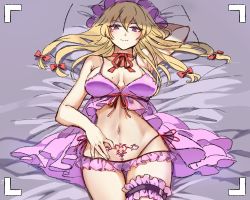 Rule 34 | 1girl, armpits, bed, bed sheet, blonde hair, bow, bra, breasts, camera, cleavage, hair bow, hat, highres, large breasts, lingerie, long hair, looking at viewer, lying, navel, on back, panties, pillow, pubic tattoo, purple eyes, red bow, smile, solo, stomach, tattoo, thighs, thong, touhou, underwear, viewfinder, yakumo yukari, yuki15775