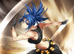 Rule 34 | 1girl, bare shoulders, black gloves, blue eyes, blue hair, breasts, cargo pants, earrings, gas can, gloves, gunshiprevolution, jewelry, leona heidern, looking at viewer, military, military uniform, muscular, muscular female, pants, ponytail, serious, signature, solo, the king of fighters, the king of fighters xiii, uniform, watermark, web address
