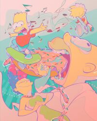Rule 34 | 2boys, 3girls, bald, bart simpson, blonde hair, blue footwear, blue hair, blue shorts, closed eyes, closed mouth, collar, colored skin, commentary, doughnut, dress, food, green dress, highres, holding saxophone, homer simpson, icing, instrument, jewelry, kinako (moment), lisa simpson, long eyelashes, lying, maggie simpson, marge simpson, mullet, multicolored background, multiple boys, multiple girls, music, musical note, necklace, on back, open mouth, orange shirt, playing instrument, saxophone, shirt, shorts, skateboard, smile, sprinkles, standing, symbol-only commentary, the simpsons, white collar, yellow skin